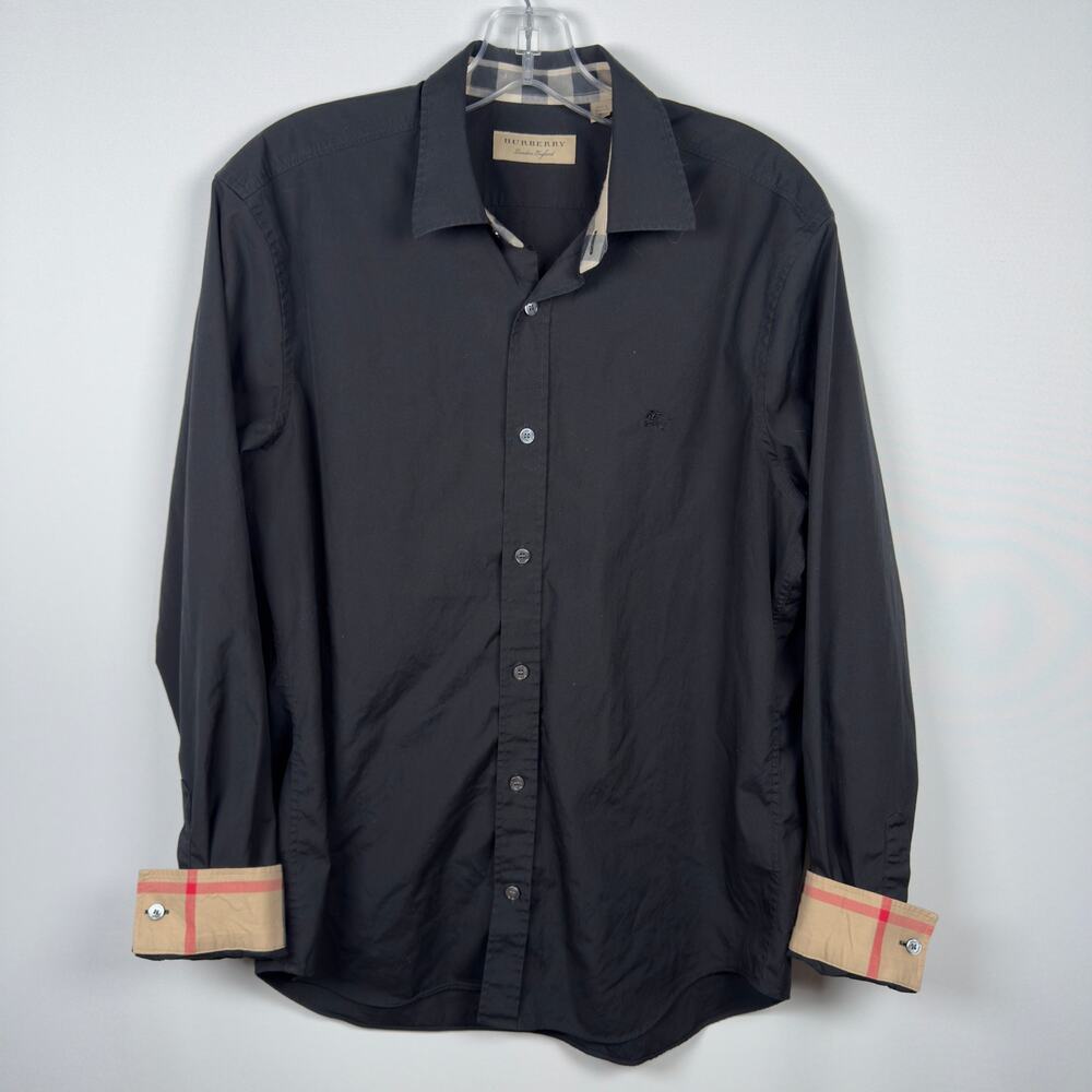 Burberry Men's Brit Button Down Shirt Black Check Plaid Cuff Size L